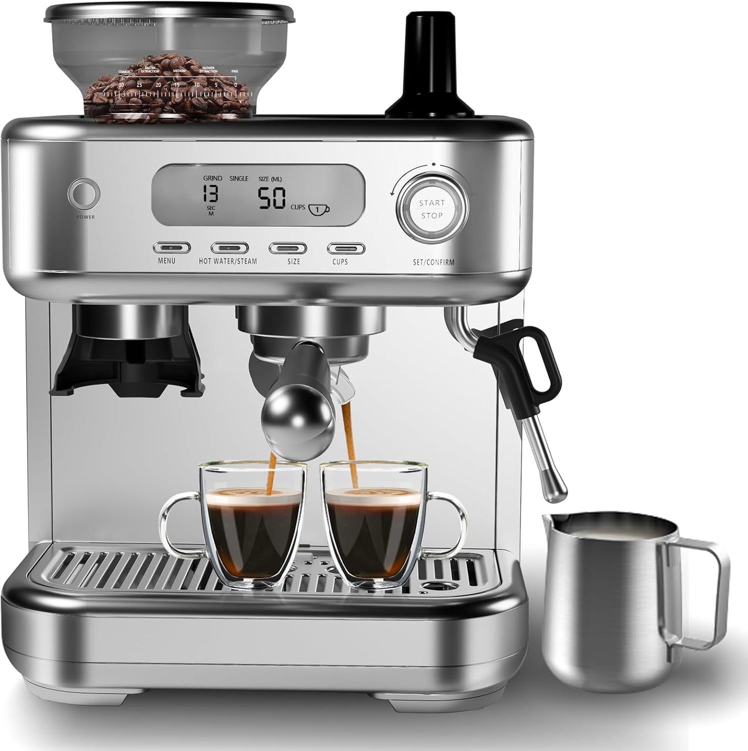 Litake Espresso Machine with Grinder, Professional Coffee and Espresso Maker Combo, Stainless Steel Cafe Espresso Machine with Steam Wand Barista Kit for Cappuccino Latte
