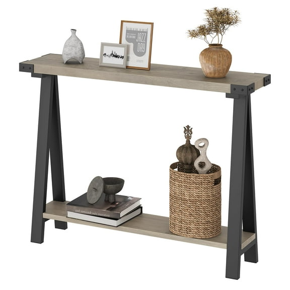 Litake Farmhouse Console Table, 43.3" Entryway Table with Storage, 2 Tier Sofa Table with Metal Frame and MDF, Behind Couch Table for Living Room, Hallway, Entryway-Grey