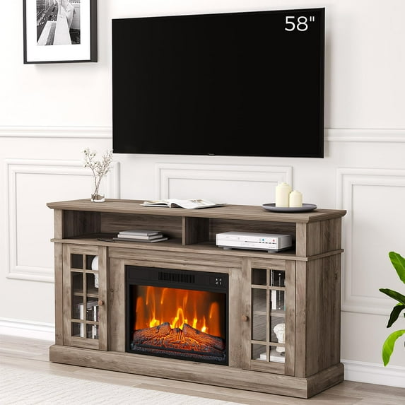 Litake Farmhouse Electric Fireplace TV Stand for TVs up to 58 Inch, Entertainment Center with 23" Electric Fireplace Remote Control, TV Console Cabinet with Open Storage Shelves for Living Room, Wood
