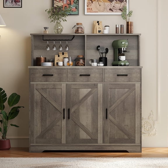 Litake Farmhouse Sideboard Buffet with Microwave Stand, Barn Doors Buffet Storage Cabinet with Drawers and Shelves, Wood Coffee Bar Cabinet for Kitchen, Dining Room, Living Room, Grey
