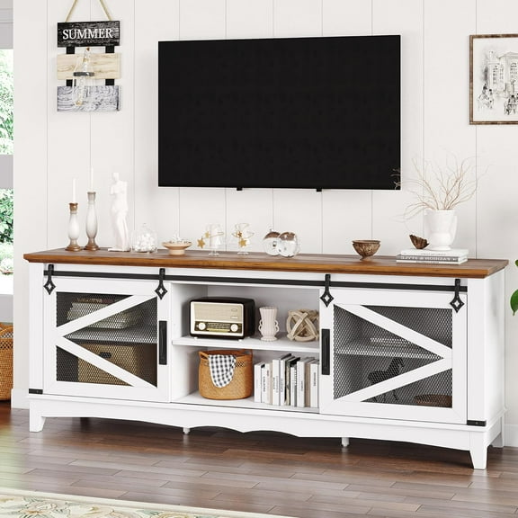 Litake Farmhouse TV Stand 75 Inch Entertainment Center White TV Console Modern Media Furniture Wood TV Console Cabinet with Sliding Barn Door and Adjustable Shelf for Living Room Bedroom