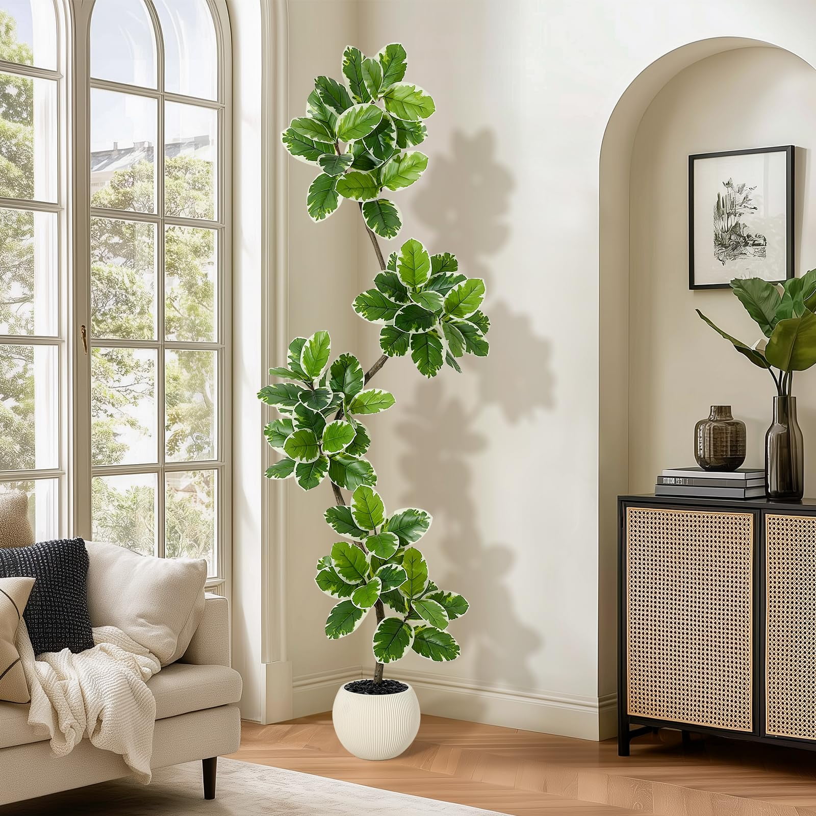 Litake Fiddle Leaf Fig Tree Artificial Indoor, 7 ft Tall Faux Rubber Tree with Sphere Planter, Tall Artificial Plants with Moss for Home Decor Office Living Room