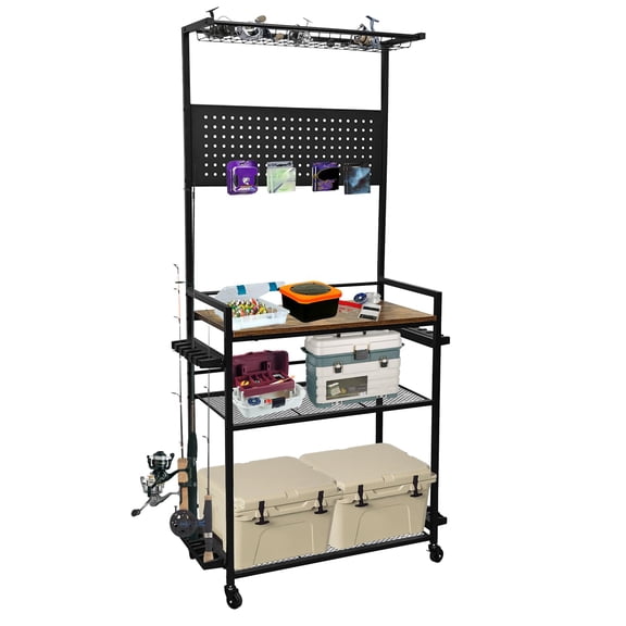 Litake Fishing Rod Holder for Garage with Hooks & Pegboard, 3-Tier Fishing Pole Rack Holds 12 Rods, Rolling Cart with Wheels for Tackle Box Reel Storage Organizer