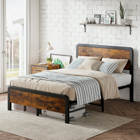 Litake Full Bed Frame with Headboard, Platform Bed Frame with Safe Rounded Corners & Strong Metal Slats Support, Mattress Foundation/Noise-Free/No Box Spring Needed, Rustic Brown