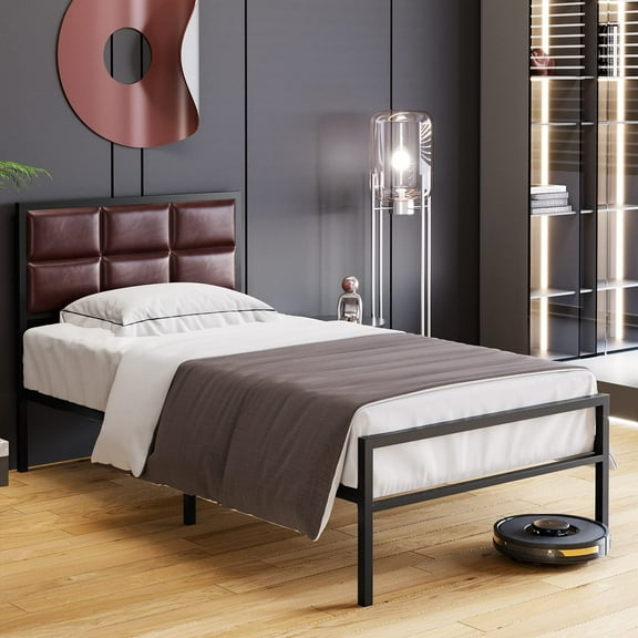 Litake Full Size Bed Frame, Faux Leather Platform Bed Frame with Upholstered Square Stitched Headboard, Metal Bed Frame with Steel Slats Support, Box Spring Optional, Easy Assembly, Red Brown