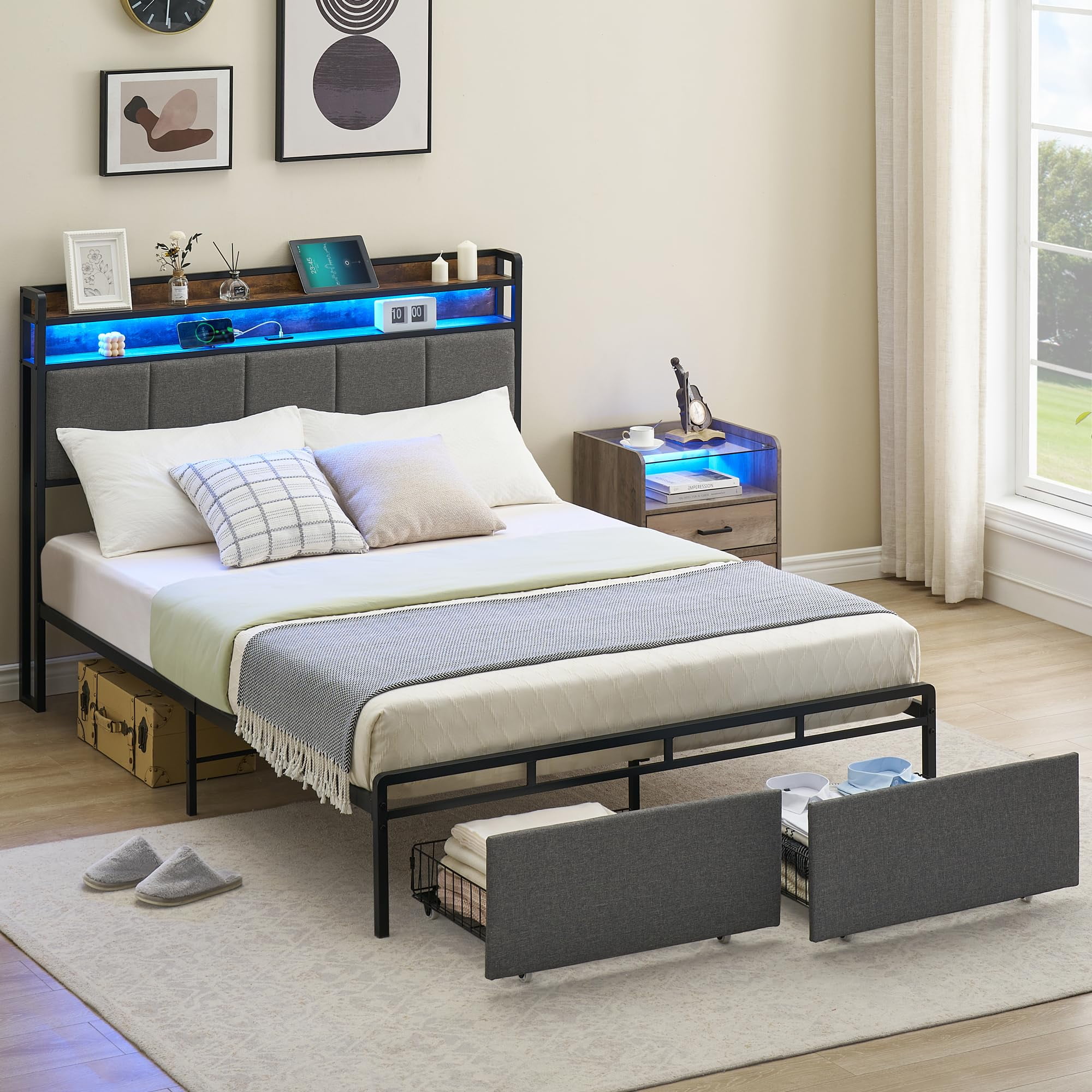 Queen Frame Litake Queen Size Bed Frame with Headboard and Storage Drawers ...
