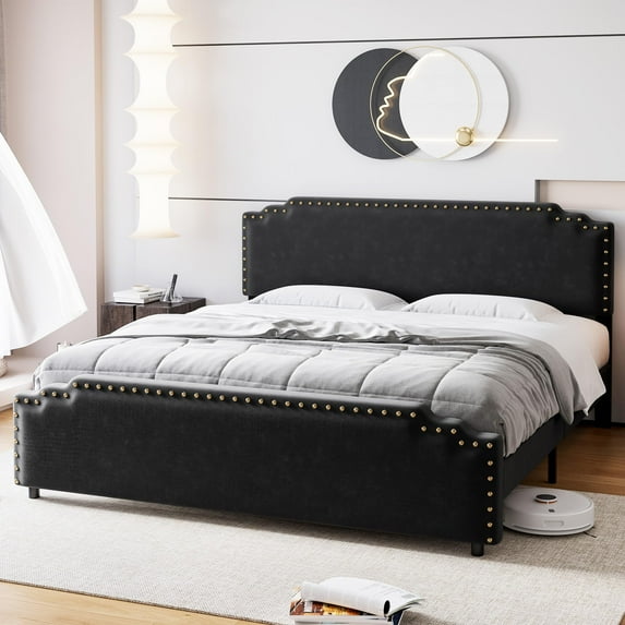 Litake Full Size Bed Frame, Velvet Upholstered Platform Bed Frame and Headboard with Rivet Decor, Strong Wood Slat Support, No Box Spring Needed, Easy Assembly - Black