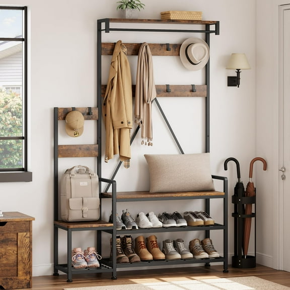 Litake Hall Tree with Bench and Shoe Storage Parent-Child Coat Rack Shoe Bench Industrial Coat Tree Entryway Large Organizer with Shoe Rack, Storage Cubbies, Hooks, and Top Shelf, Brown