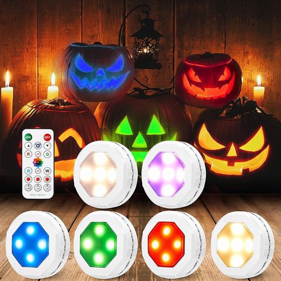 Litake Halloween Jack-O-Lantern Lights, Dimmable Timer RGB Color Changing Pumpkin Lights with Remote Control AA Battery Operated Push Touch, Stick on Pumpkin Lighting for Halloween Decoration 6 Pack