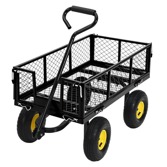 Litake Steel Garden Cart on Wheels, 880LBS Pullable Metal Garden Wagon, 180° Rotating Handle and Removable Sides for Outdoor, Farm, Yard, Beach