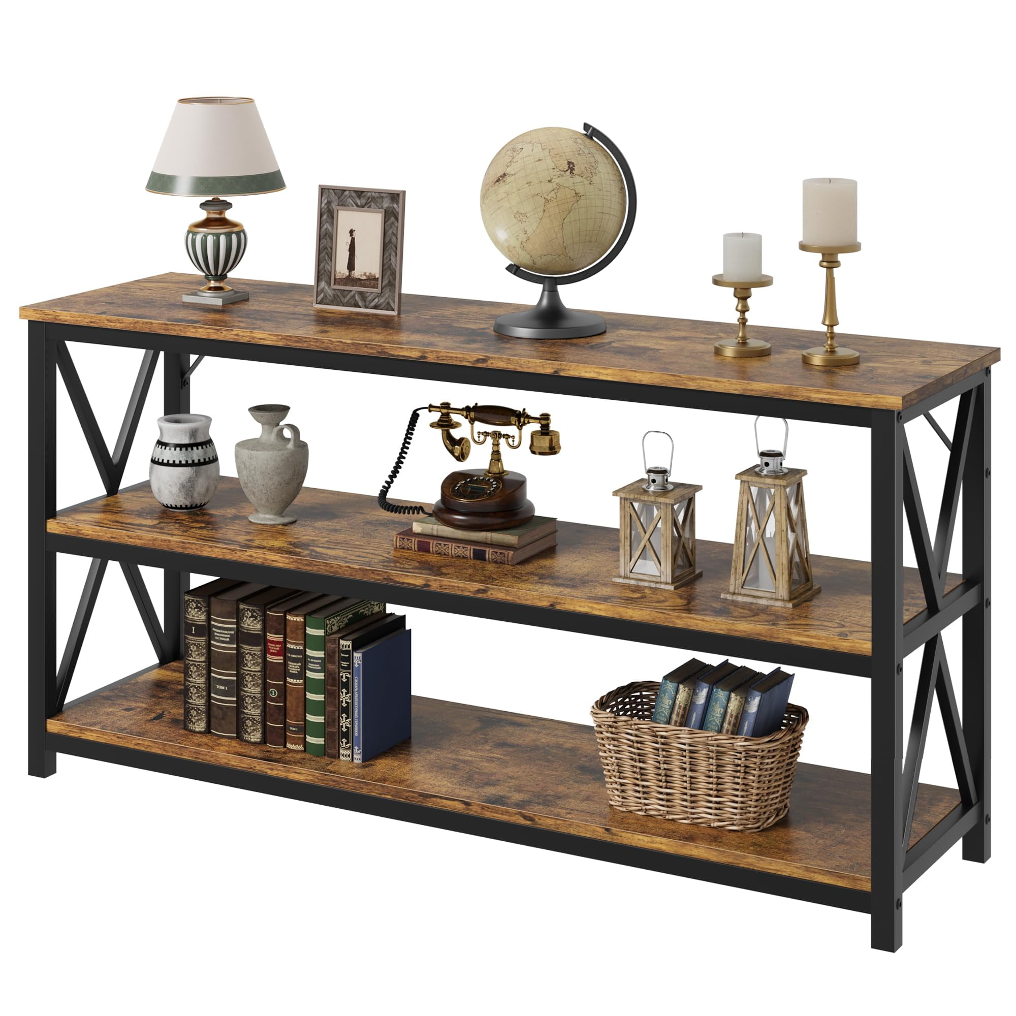Rustic Brown 55" Industrial Wood and Metal Console Table with Storage