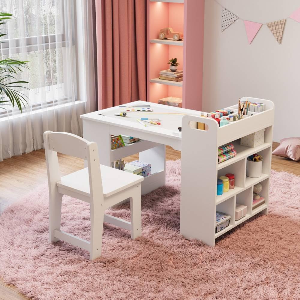 Litake Kids Art Table and 2 Chairs, Craft Table with Large Storage Shelves,Toddler Wooden Drawing Desk Activity & Crafts Children's Wooden Furniture for Classroom Daycares,Home