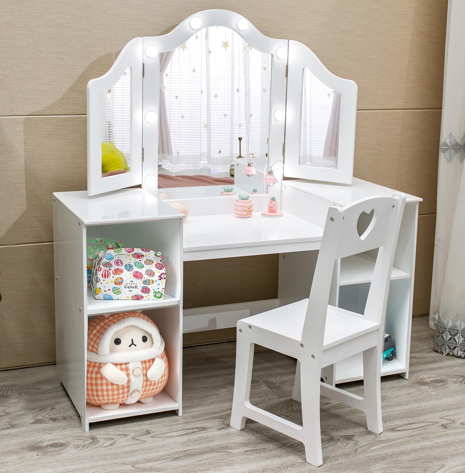 Litake Kids Vanity Table Girls Vanity withTouch Light Detachable Tri Folding Mirror Open Storage Shelves Wood Makeup Playset with Chair Princess