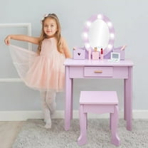 Litake Kids Vanity with Lighted Mirror, Toddler Vanity Table and Chair Set, Girls Makeup Playset, Purple