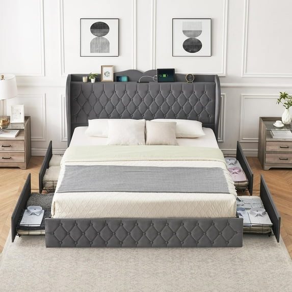 Litake King Size Bed Frame with 4 Storage Drawers and Charging Station, Velvet Upholstered Platform Bed with Tall Headboard and Storage Shelf, Wooden Slats Support, No Box Spring Needed, Grey
