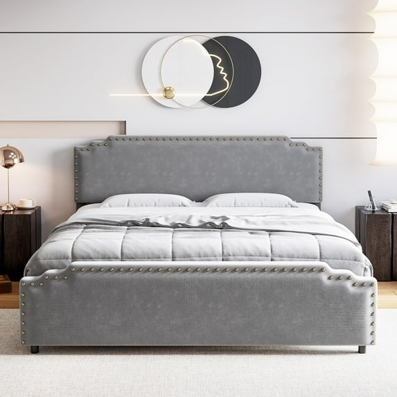 Litake King Size Bed Frame, Velvet Upholstered Platform Bed Frame and Headboard with Rivet Decor, Strong Wood Slat Support, No Box Spring Needed, Easy Assembly - Grey