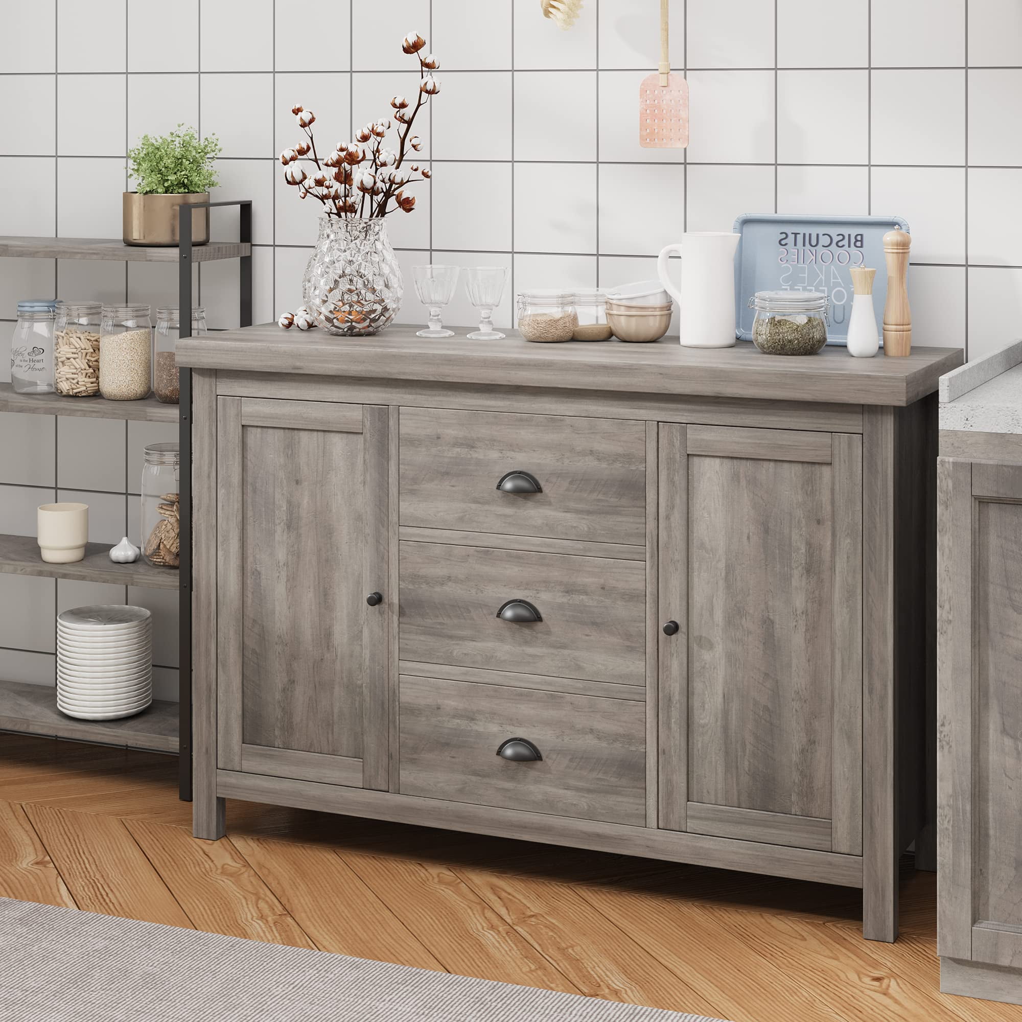 Litake Kitchen Storage Grey Buffet Kitchen Storage Sideboard with Large Storage