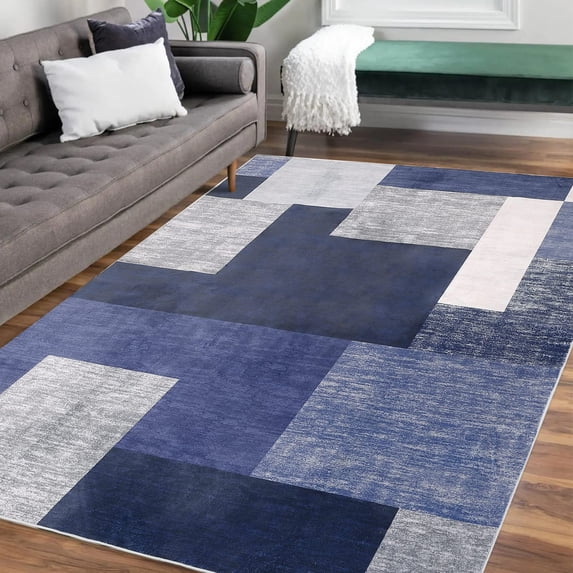 Litake Large Modern Machine Washable Area Rug Abstract Plaid Area Rug Low-Pile Non-Slip Stain Resistant Area Rug Contemporary Rug for Living Room, 8' x 10' Blue