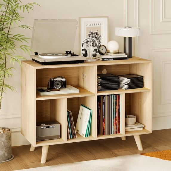 Litake Large Record Player Stand, Wood Vinyl Record Storage Compact Record Player Cabinet Cube Storage Organizer Up to 350 Albums with Charging Station for Living Room Bedroom, Natural