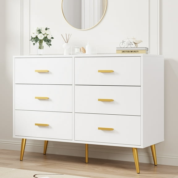 Litake Modern 6 Drawer Dresser with Storage Space, Wooden Dresser with Gold Handles, Chest Dresser with Deep Drawers for Bedroom, Living Room and Entryway, White