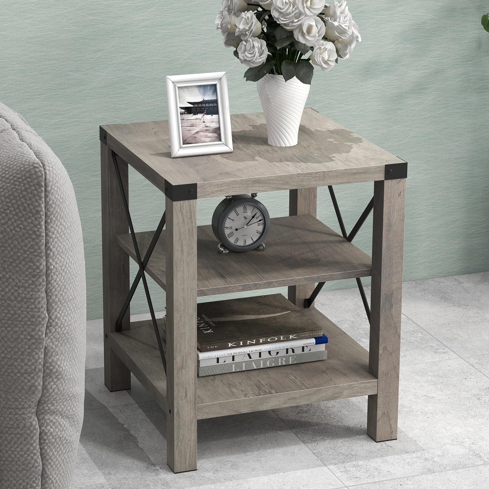 Litake Modern Farmhouse End Table, Rustic Coffee Table with Storage