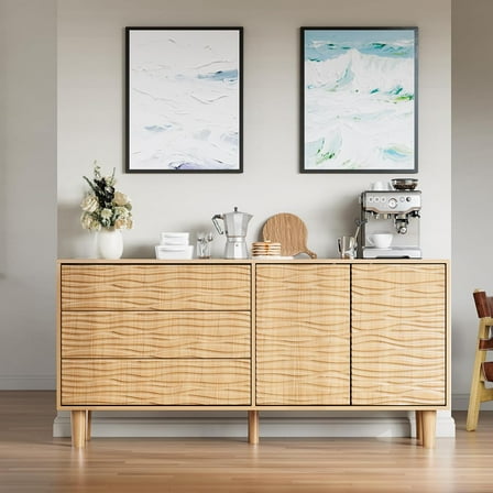 Litake Modern Sideboard Buffet Cabinet with Undulating Fluted Design, 61" Wood Kitchen Storage Cabinet with 3 Drawers & 2 Door, Accent Console Table for Living Room Dining Room Hallway