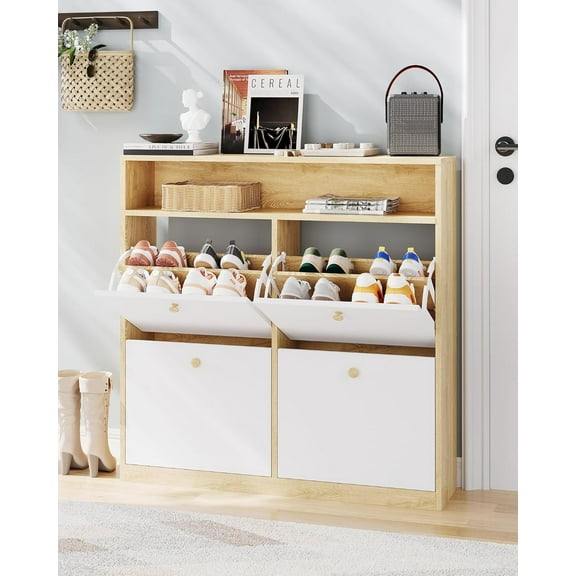 Litake Narrow Shoe Cabinet with 4 Flip Drawers and Open Shelf, Wooden Freestanding Shoes Organizer with Shelves for Slippers,Sneakers,Heels,Boots for Entry, Hallway, Porches,Shoe Cabinet Storage