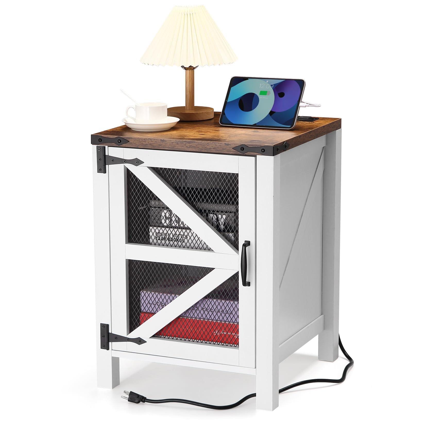 Litake Nightstand with Charging Station, 18" Farmhouse Night Stand End