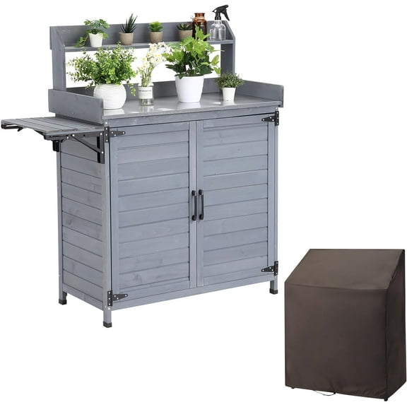 Litake Outdoor Potting Bench Table Storage Cabinet, Wooden Planting Workstation with Storage Shelf & Galvanized Tabletop, Planting Table Garden Work Bench with Cover for Garden, Patio, Greenhouse