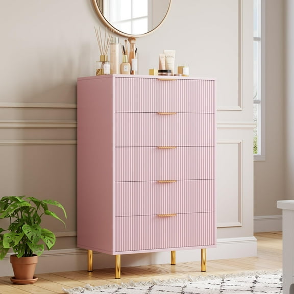 Litake Pink Dresser, Modern 5 Drawer Dresser for Bedroom with Gold Handle and Large Drawer, Wood Double Chest of Drawers and Storage Organizer for Living Room, Hallway, Entryway