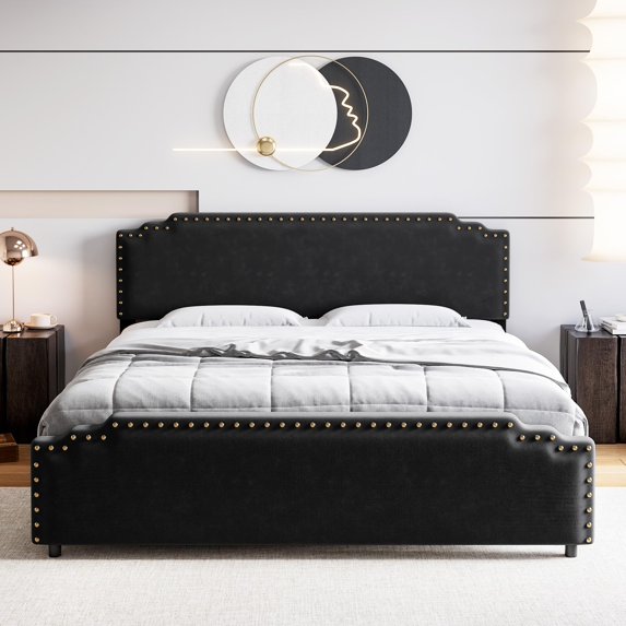 Litake Queen Size Bed Frame, Velvet Upholstered Platform Bed Frame and Headboard with Rivet Decor, Strong Wood Slat Support, No Box Spring Needed, Easy Assembly - Black