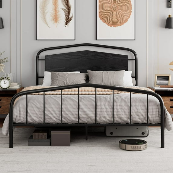 Litake Queen Size Bed Frame with Wooden Headboard and Footboard, Heavy Duty Metal Platform Bed Frame with Large Under Bed Storage, Noise Free, No Box Spring Needed, Black