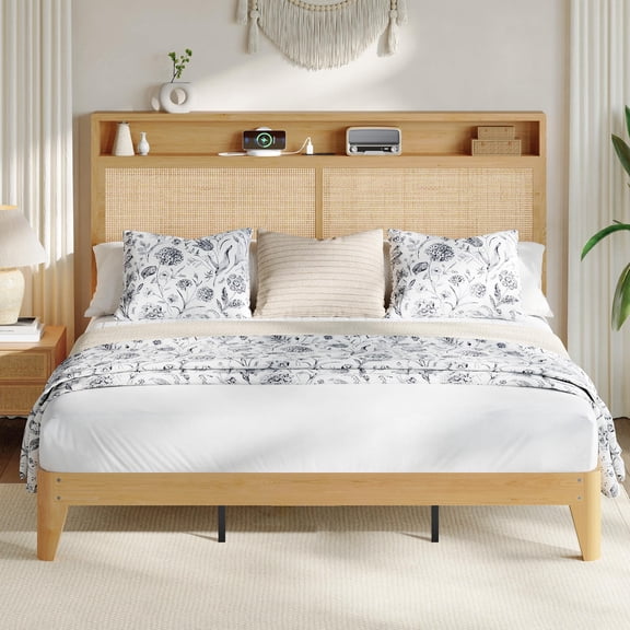 Litake Rattan King Bed Frame with Natural Rattan Headboard,Bohemian King Bed Frame with LED Lights & Charging Station,2 Tier Storage Headboard,Under Bed Storage,No Box Spring Needed