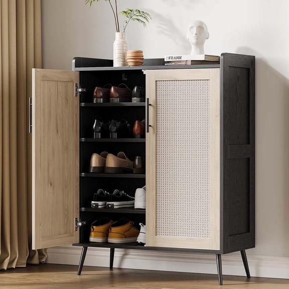 Litake Rattan Shoe Cabinet, 5-Tier Shoe Storage Cabinet with Doors, 2 Adjustable Shelves and Heavy Duty Metal Legs, Farmhouse Shoes Organizer for Entryway Hallway Living Room, Black
