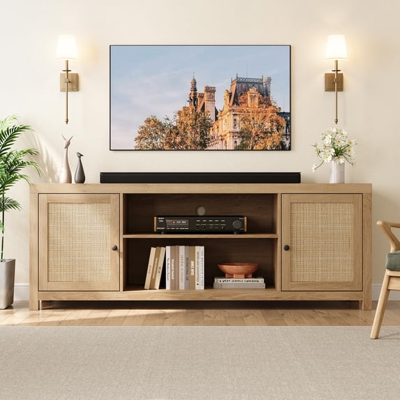 Litake Rattan TV Stand for 75 Inch, Boho Entertainment Center with Storage and Doors, Wood TV & Media Console Under TV Cabinet Furniture for Living Room, Natural Oak (66 Inch)