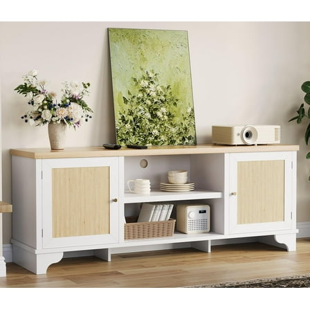 Litake Rattan TV Stand for 70 Inch TV, Boho Entertainment Center with Cabinets & Open Shelves, Wooden Media Console Table for Living Room, White