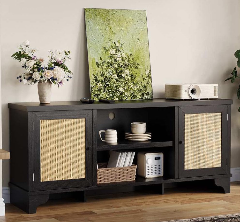 Rattan TV Stand For 55-70 Inch TVs – Farmhouse Media Console With Storage Cabinets, Sliding Doors | Boho Living Room Entertainment Center