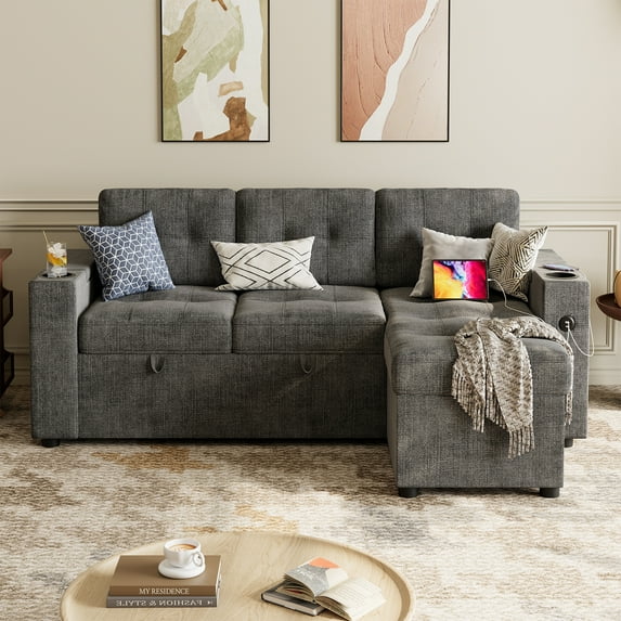 Litake Sectional Couch,Sleeper Sofa with Pull Out Bed,L-Shaped Sofa Couch Bed,1 USB-A, 1 Type-C,Sofa Bed- 2 in 1 Pull Out Couch Bed with Storage Space and Arms for Living Room,