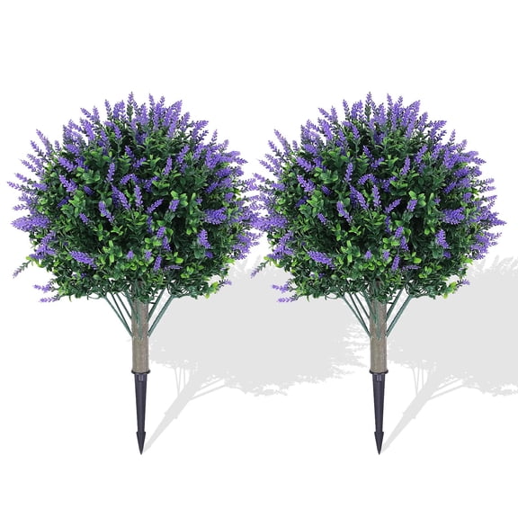 Litake Set of 2 Artificial Lavender Topiary Ball Trees, 23" H UV Resistant Faux Boxwood Bushes with Ground Spike, Outdoor Fake Shrubs Evergreen Decorative Plant for Indoor Porch Garden Backyard