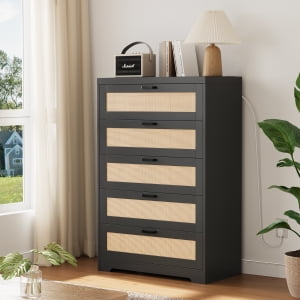 Litake Tall Drawers Rattan Dresser, Storage Chest of Drawers with Wooden Spacious Top,Handles,Easy to Assemble,Modern Dresser for Bedroom,Living Room,Entryway,Hallway (Black/White/Natural, 5 Drawer)