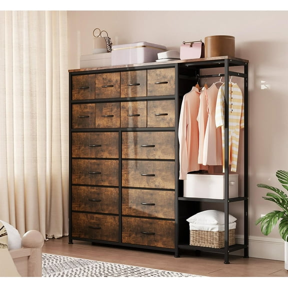 Litake Tall Dresser for Bedroom with 16 Drawers & Clothes Rack & 2 Storage Shelves, Fabric Dressers & Chests of Drawers, Large Closet Dresser for Storage and Organization, General Clothes Rack