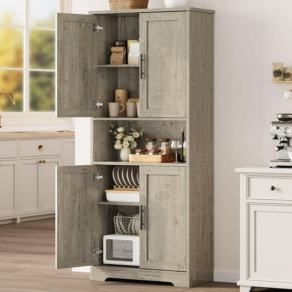 Litake Tall Storage Cabinet, 70" Kitchen Pantry Cabinet with Doors and Adjustable Shelves, Rustic Wooden Cupboard for Dining Room, Living Room,Gray