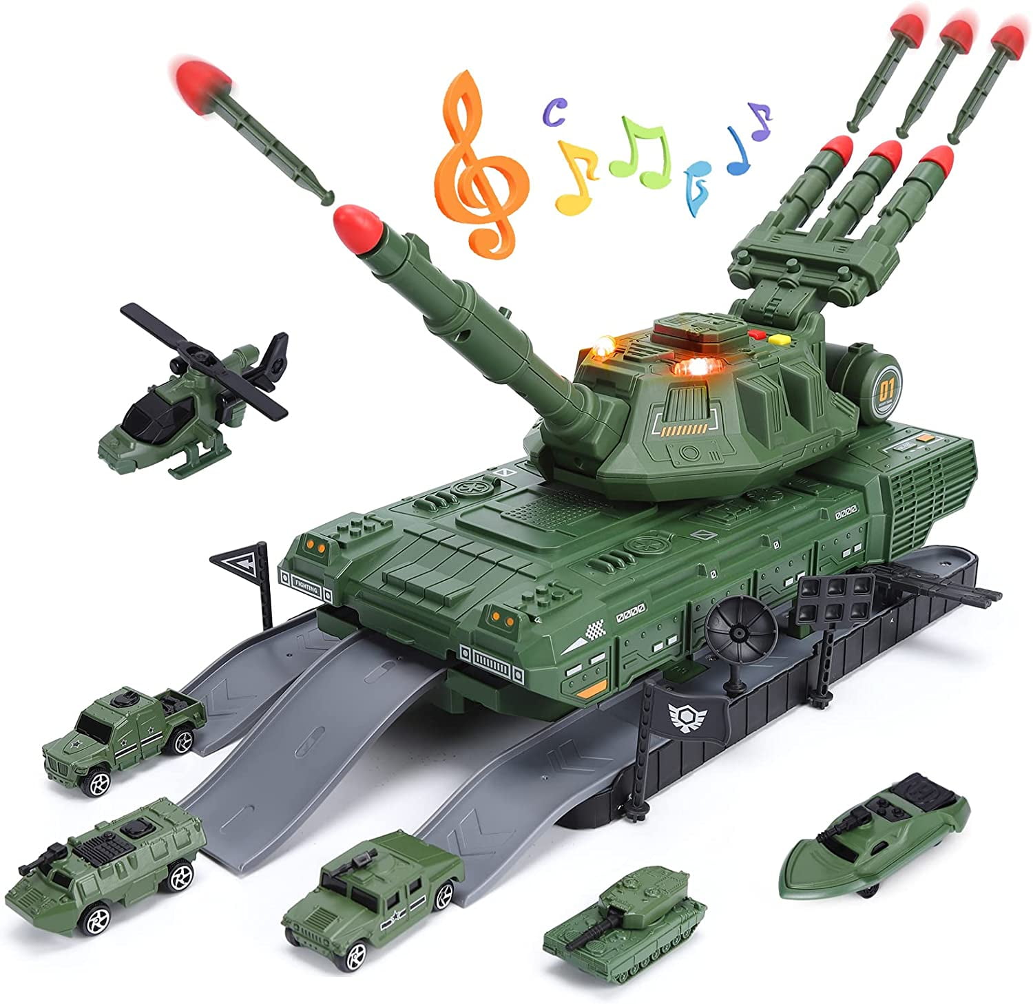 Large Tank Alloy Car Set Simulation Military Base Storage Rail Glide  Detachable Light Music Story Early Educational Kid Toy Gift