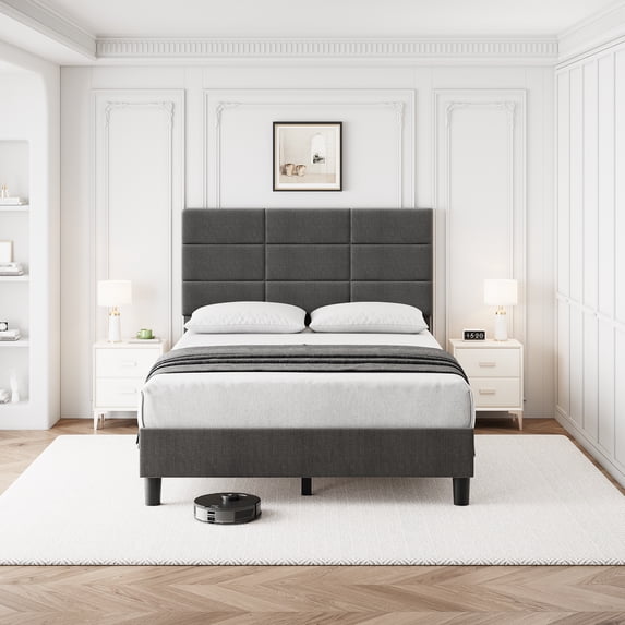 Litake Twin Bed Frame with Headboard, Linen Upholstered Twin Size Platform Bed Frame, Sturdy Metal Frame with Solid Wooden Slats Support, No Box Spring Needed, Noise-Free, Grey