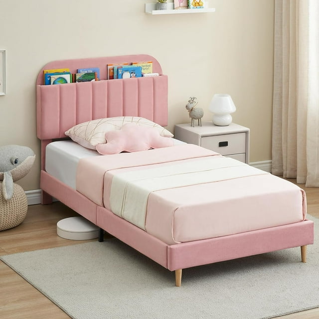 Litake Twin Size Bed Frame for Kids, Velvet Upholstered with Bookcase Headboard, Steel Support