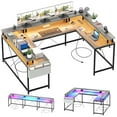 thumbnail image 1 of Litake U Shaped Computer Gaming Desk, Reversible L Shaped Desk with Power Outlets, LED Strip & Monitor Stand, Large Corner Desk with Storage Shelves for Home Office, Grey, 1 of 8
