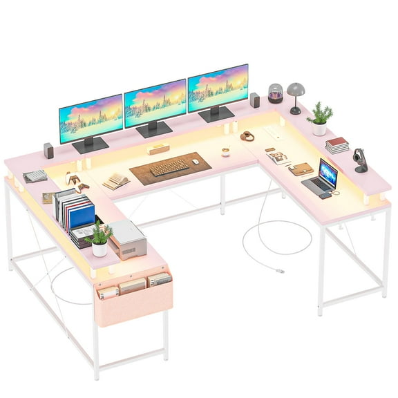 Litake U Shaped Computer Gaming Desk, Reversible L Shaped Desk with Power Outlets, LED Strip & Monitor Stand, Large Corner Desk with Storage Shelves for Home Office, Pink