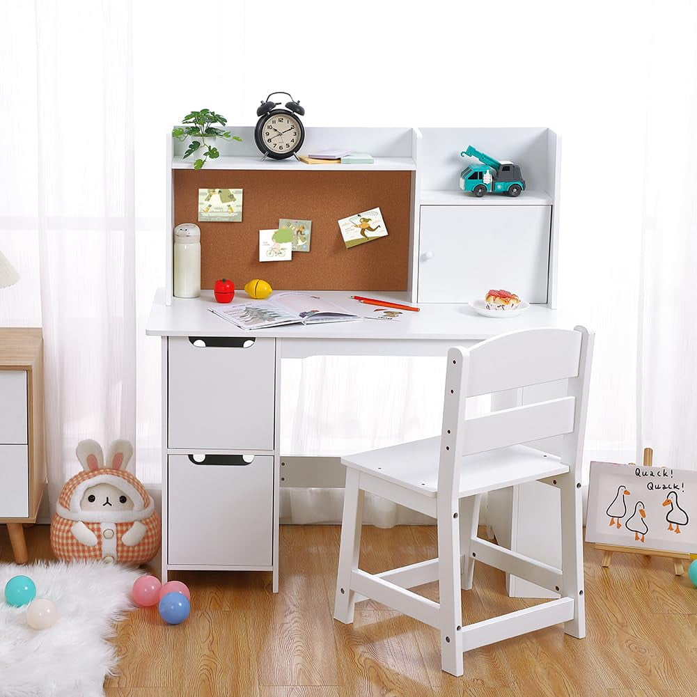 White Wood Kids Study Desk with Bulletin Board and Shelves