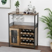 Litake Wine Bar Rack Cabinet with Detachable Wine Rack, Bar Cabinet with Glass Holder, Small Sideboard and Buffet Cabinet with Mesh Door, Rustic Brown