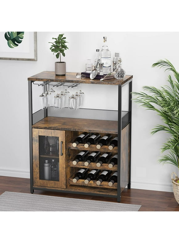 Litake Wine Bar Rack Cabinet with Detachable Wine Rack, Bar Cabinet with Glass Holder, Small Sideboard and Buffet Cabinet with Mesh Door, Rustic Brown